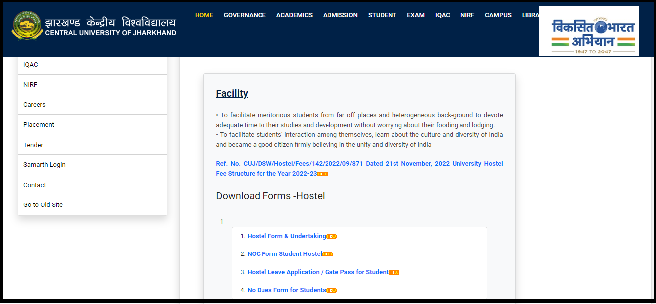 central university of jharkhand hostel fees